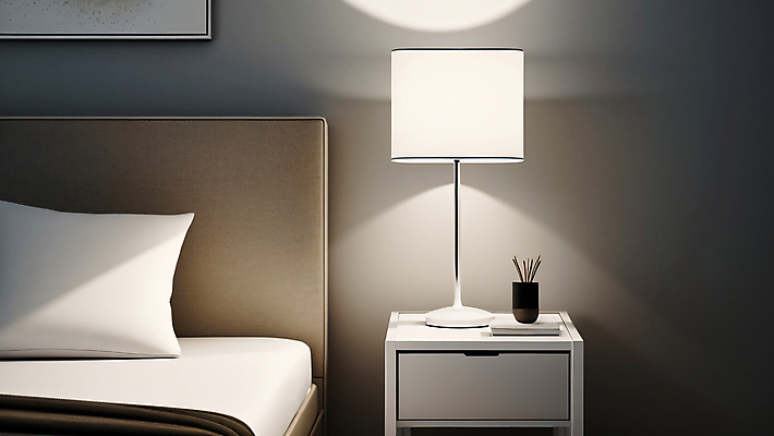 JPG 편집이미지 베개 실내 사람없음 빛 인테리어 침실 흰색 침대 스탠드 포근함 디지털합성 모던 서랍장 심플 디퓨저 미니멀 수면등 편집실사 AI포토 AI콘텐츠 디자인 컬러 가구 침구 조명 내부 감각 CG 파일형식