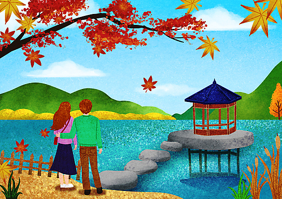 전신 PSD 구름 커플 여자 남자 호수 단풍 일러스트 자연 하늘 단풍나무 산 갈대 서기 성인 두명 반사 가을풍경 가을 나뭇가지 정자 돌다리 성인만 국내일러스트 자연요소 나무 식물 건축물 계절 잎 관계 모션 사람 풍경 다리_건축물 생태계 파일형식 가을_계절