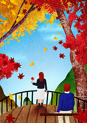 전신 PSD 여자 남자 단풍 일러스트 자연 하늘 단풍나무 산 서기 앉기 상반신 성인 두명 울타리 가을풍경 가을 잡기 은행잎 은행나무 전망대 성인만 국내일러스트 나무 계절 잎 모션 사람 풍경 담장 생태계 파일형식 가을_계절