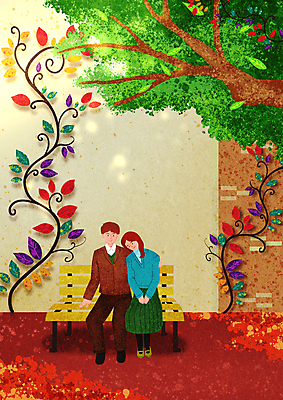 전신 PSD 커플 여자 남자 단풍 벤치 일러스트 안기 앉기 성인 두명 가을풍경 기댐 화목 다정 가을 나뭇가지 담쟁이덩굴 그늘 성인만 국내일러스트 나무 계절 컨셉 잎 의자 관계 모션 사람 풍경 덩굴 파일형식 가을_계절