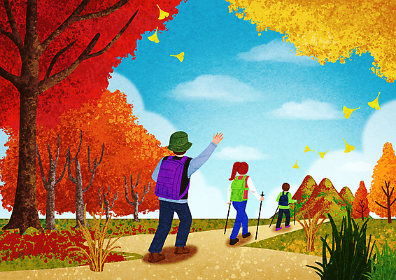 전신 PSD 구름 여자 남자 길 가방 일러스트 하늘 단풍나무 산 성인 세명 손들기 걷기 가을풍경 등산 하이킹 가을 등산객 은행잎 은행나무 성인만 국내일러스트 자연요소 나무 잡화 계절 단풍 잎 모션 레저 사람 풍경 트래킹 파일형식 가을_계절