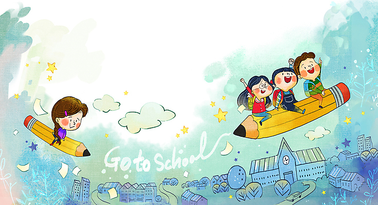 전신 PSD 구름 학생 여자 남자 별 어린이 하늘색 일러스트 학교 수채화 주택 앉기 소녀 소년 여러명 연필 손들기 마을 비행 승차 등교 어린이만 국내일러스트 자연요소 교육 다수 모션 학용품 사람 건물 파란색 필기구 등하교 파일형식