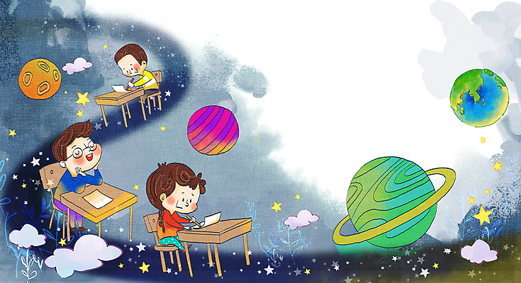전신 PSD 구름 학생 여자 남자 별 지구 어린이 의자 일러스트 학교 상상 수채화 앉기 소녀 소년 세명 우주 행성 기록 그리기 남색 책상 어린이만 국내일러스트 자연요소 교육 컬러 가구 모션 사람 파일형식
