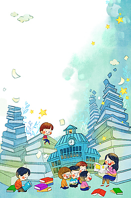 PSD 학생 여자 남자 별 어린이 하늘색 일러스트 학교 동화 수채화 들기 앉기 소녀 소년 여러명 성인 독서 쌓기 교사 무릎꿇기 읽기 동화책 책더미 국내일러스트 자연요소 직업 교육 다수 모션 사람 책 파란색 무더기 파일형식
