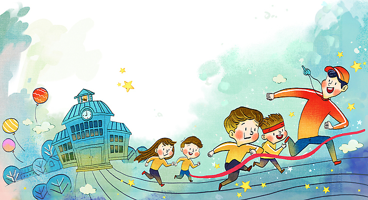 전신 PSD 구름 학생 여자 남자 별 어린이 하늘색 일러스트 학교 수채화 소녀 소년 여러명 성인 달리기 육상스포츠 체육 트랙 체육시간 풍선 결승끈 체육선생님 국내일러스트 자연요소 교육 스포츠 다수 모션 수업 사람 파란색 교사 결승선 파일형식