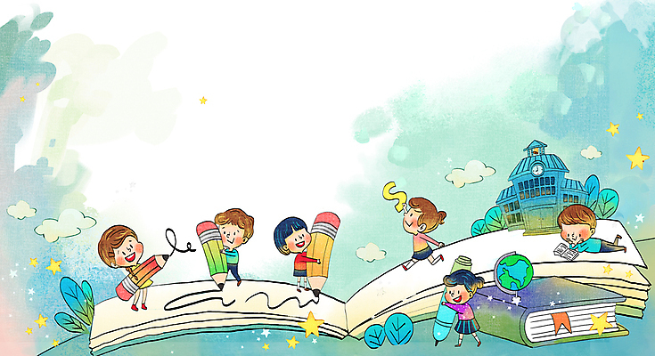 전신 PSD 구름 학생 여자 남자 별 어린이 엎드리기 하늘색 일러스트 학교 수채화 들기 소녀 소년 여러명 책 연필 지구본 기록 그리기 낙서 어린이만 국내일러스트 자연요소 교육 다수 모션 학용품 사람 파란색 필기구 파일형식