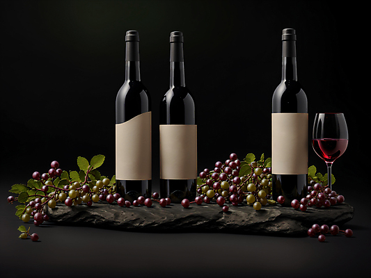JPG 편집이미지 와인잔 포도 술병 사람없음 검은색 고급 레드와인 와인병 디지털합성 목업 편집실사 AI포토 AI콘텐츠 컬러 컨셉 술잔 과일 병_용기 주류 와인 CG 파일형식
