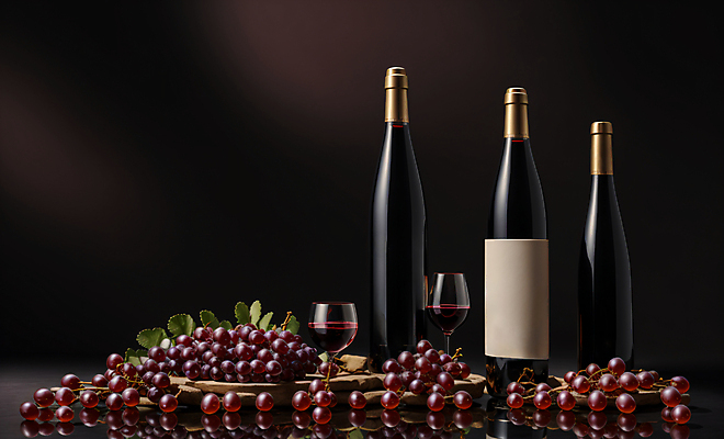 JPG 편집이미지 와인잔 포도 술병 사람없음 검은색 고급 레드와인 와인병 디지털합성 목업 편집실사 AI포토 AI콘텐츠 컬러 컨셉 술잔 과일 병_용기 주류 와인 CG 파일형식