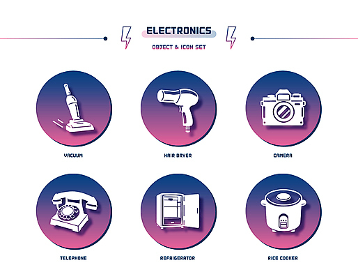 아이콘 사람없음 세트 카메라 보라색 원형 드라이어 전화기 냉장고 청소기 그라데이션 밥솥 전기밥솥 번개모양 2D아이콘 AI파일 모양 도형 컬러 주방용품 전자제품 가전제품 미용용품 번개 청소도구 파일형식 벡터