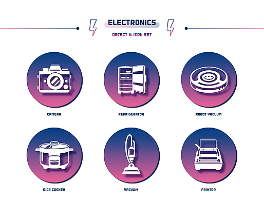 아이콘 사람없음 세트 카메라 보라색 원형 인쇄기 냉장고 청소기 그라데이션 밥솥 전기밥솥 번개모양 청소로봇 2D아이콘 AI파일 모양 도형 컬러 주방용품 전자제품 가전제품 번개 청소도구 로봇 파일형식 벡터