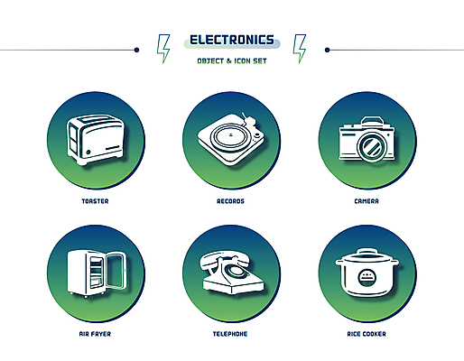 아이콘 사람없음 초록색 세트 카메라 원형 전화기 그라데이션 밥솥 전기밥솥 번개모양 토스트기 에어프라이어 2D아이콘 AI파일 모양 도형 컬러 주방용품 전자제품 가전제품 번개 파일형식 벡터