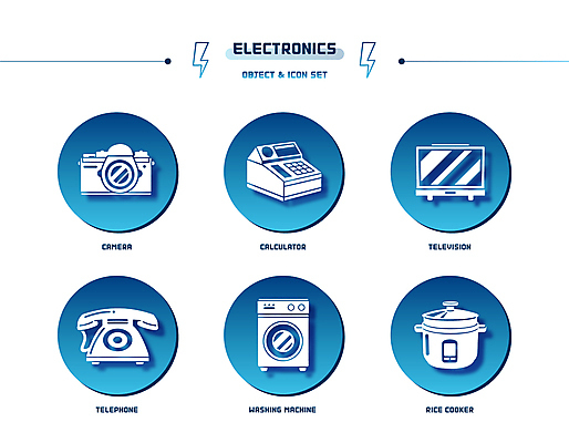 아이콘 사람없음 파란색 세트 카메라 텔레비전 원형 계산대 전화기 세탁기 그라데이션 밥솥 전기밥솥 드럼세탁기 번개모양 포스기 2D아이콘 AI파일 모양 도형 컬러 주방용품 전자제품 기계 가전제품 번개 파일형식 벡터