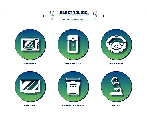 아이콘 사람없음 초록색 세트 모니터 가전제품 원형 청소기 그라데이션 분쇄기 캠코더 번개모양 정수기 청소로봇 2D아이콘 AI파일 모양 도형 컬러 전자제품 컴퓨터 카메라 번개 청소도구 로봇 파일형식 벡터
