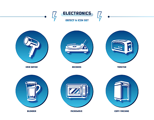 아이콘 사람없음 파란색 세트 원형 전자레인지 인쇄기 드라이어 믹서 그라데이션 번개모양 복합기 토스트기 2D아이콘 AI파일 모양 도형 컬러 전자제품 가전제품 미용용품 레인지 번개 파일형식 벡터