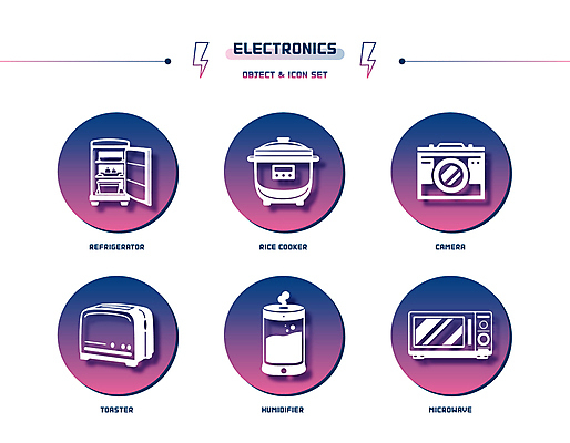 아이콘 사람없음 세트 카메라 보라색 원형 전자레인지 냉장고 그라데이션 밥솥 전기밥솥 가습기 공기청정기 번개모양 토스트기 2D아이콘 AI파일 모양 도형 컬러 주방용품 전자제품 가전제품 레인지 번개 파일형식 벡터