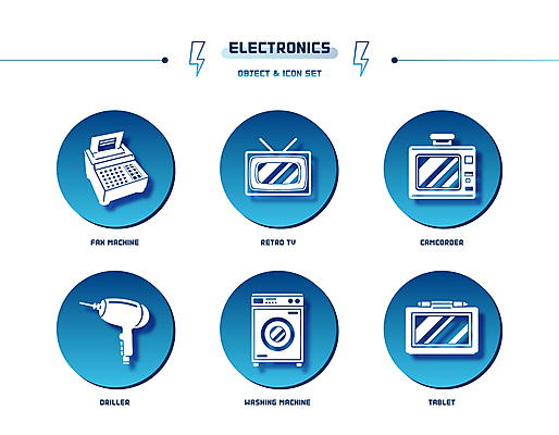 아이콘 사람없음 파란색 세트 태블릿 텔레비전 원형 드릴 세탁기 그라데이션 팩스 캠코더 드럼세탁기 번개모양 전기드릴 2D아이콘 AI파일 모양 도형 컬러 전자제품 스마트기기 카메라 사무용품 가전제품 공구 번개 파일형식 벡터