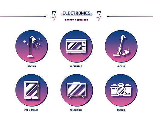 아이콘 사람없음 반짝임 세트 태블릿 카메라 보라색 텔레비전 스탠드 원형 연기 전자레인지 청소기 그라데이션 번개모양 2D아이콘 AI파일 모양 도형 컬러 모션 조명 전자제품 스마트기기 가전제품 레인지 번개 청소도구 파일형식 벡터
