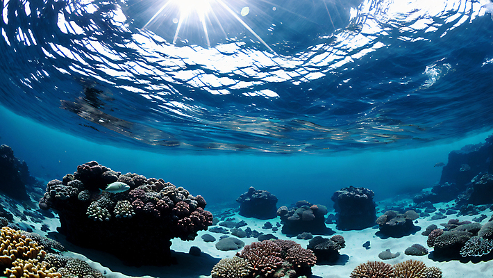 JPG 편집이미지 바다 자연 풍경 사람없음 파란색 햇빛 바닷속 수중 산호초 편집실사 AI포토 AI콘텐츠 컬러 태양 수중식물 CG 생태계 파일형식