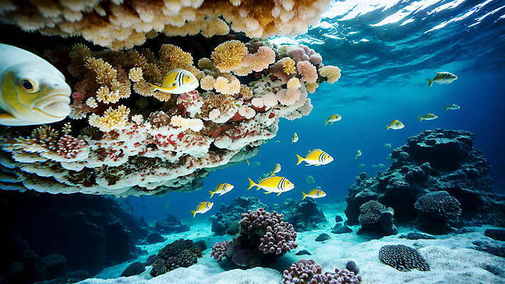 JPG 편집이미지 바다 자연 어류 풍경 사람없음 파란색 바닷속 수중 산호초 편집실사 AI포토 AI콘텐츠 컬러 수중동물 수중식물 CG 생태계 파일형식