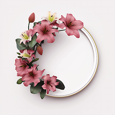 JPG 편집이미지 꽃 분홍색 나뭇잎 프레임 사람없음 원형 백합 디지털합성 카피스페이스 편집소스 편집실사 AI포토 AI콘텐츠 도형 식물 컬러 잎 공백 CG 파일형식