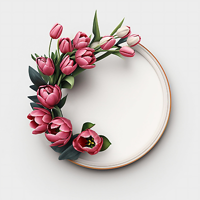 JPG 편집이미지 꽃 분홍색 나뭇잎 프레임 사람없음 튤립 원형 디지털합성 카피스페이스 편집소스 편집실사 AI포토 AI콘텐츠 도형 식물 컬러 잎 공백 CG 파일형식