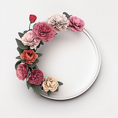 JPG 편집이미지 꽃 분홍색 나뭇잎 프레임 사람없음 원형 카네이션 디지털합성 카피스페이스 편집소스 편집실사 AI포토 AI콘텐츠 도형 식물 컬러 잎 공백 CG 파일형식