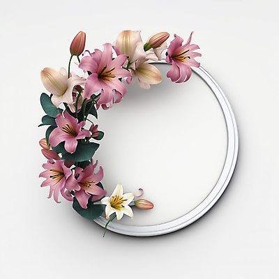 JPG 편집이미지 꽃 분홍색 나뭇잎 프레임 사람없음 원형 백합 디지털합성 카피스페이스 편집소스 편집실사 AI포토 AI콘텐츠 도형 식물 컬러 잎 공백 CG 파일형식