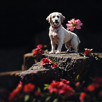 JPG 동물 편집이미지 한마리 꽃 꽃밭 서기 사람없음 바위 개 강아지 디지털합성 편집소스 편집실사 AI포토 AI콘텐츠 식물 1 포유류 모션 반려동물 돌_바위 CG 파일형식