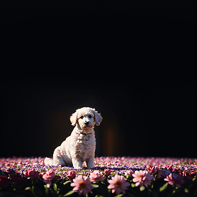 JPG 동물 편집이미지 한마리 꽃 꽃밭 앉기 사람없음 개 강아지 디지털합성 편집소스 편집실사 AI포토 AI콘텐츠 식물 1 포유류 모션 반려동물 CG 파일형식