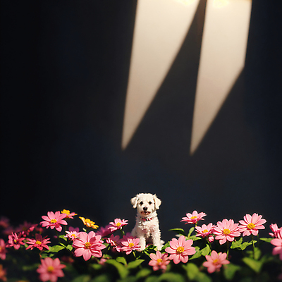 JPG 동물 편집이미지 한마리 꽃 꽃밭 사람없음 개 강아지 디지털합성 편집소스 편집실사 AI포토 AI콘텐츠 식물 1 포유류 반려동물 CG 파일형식