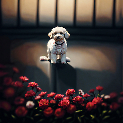 JPG 동물 편집이미지 한마리 꽃 앉기 사람없음 개 강아지 디지털합성 편집소스 편집실사 AI포토 AI콘텐츠 식물 1 포유류 모션 반려동물 CG 파일형식