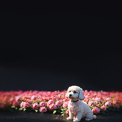 JPG 동물 편집이미지 한마리 꽃 꽃밭 앉기 사람없음 개 강아지 디지털합성 편집소스 편집실사 AI포토 AI콘텐츠 식물 1 포유류 모션 반려동물 CG 파일형식