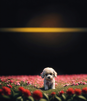 JPG 동물 편집이미지 한마리 꽃 꽃밭 앉기 사람없음 개 강아지 디지털합성 편집소스 편집실사 AI포토 AI콘텐츠 식물 1 포유류 모션 반려동물 CG 파일형식