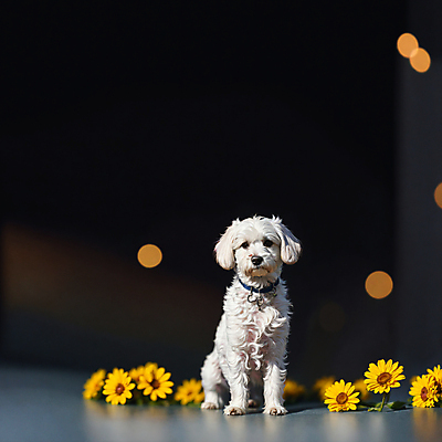 JPG 동물 편집이미지 한마리 꽃 앉기 사람없음 개 강아지 디지털합성 보케 편집소스 편집실사 AI포토 AI콘텐츠 식물 1 포유류 모션 반려동물 CG 파일형식