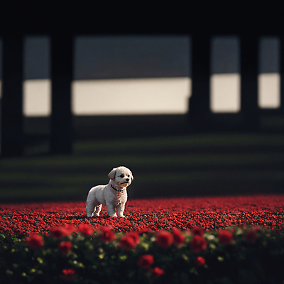 JPG 동물 편집이미지 한마리 꽃 꽃밭 사람없음 개 강아지 디지털합성 편집소스 편집실사 AI포토 AI콘텐츠 식물 1 포유류 반려동물 CG 파일형식
