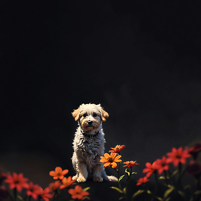 JPG 동물 편집이미지 한마리 꽃 앉기 사람없음 개 강아지 디지털합성 편집소스 편집실사 AI포토 AI콘텐츠 식물 1 포유류 모션 반려동물 CG 파일형식