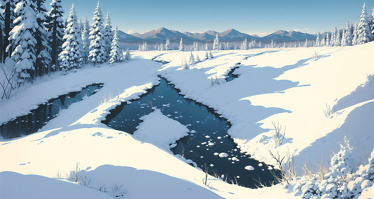 JPG 나무 일러스트 자연 하늘 사람없음 야외 강 설원 흰색 눈 겨울풍경 설산 눈덮임 국내일러스트 AI일러스트 AI콘텐츠 자연요소 식물 컬러 컨셉 겨울 날씨 산 눈_날씨 풍경 생태계 파일형식