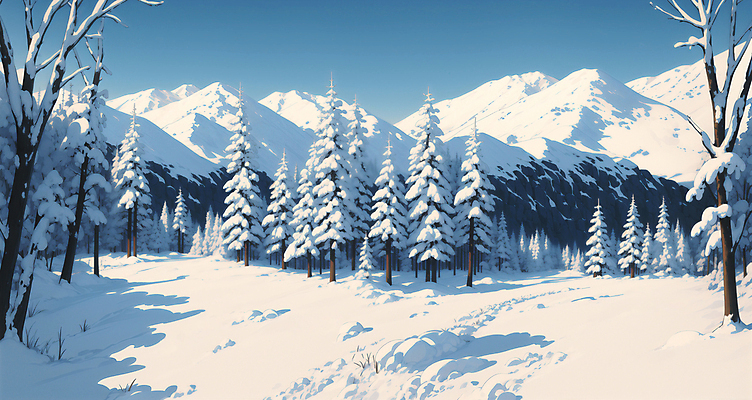 JPG 나무 일러스트 자연 하늘 사람없음 야외 설원 흰색 눈 겨울풍경 설산 눈덮임 국내일러스트 AI일러스트 AI콘텐츠 자연요소 식물 컬러 컨셉 겨울 날씨 산 눈_날씨 풍경 생태계 파일형식