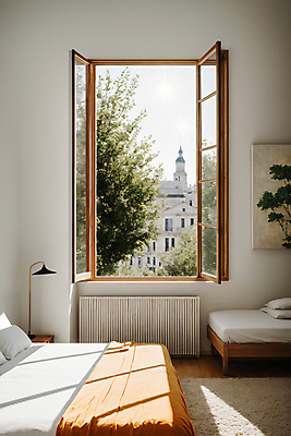 JPG 나무 편집이미지 라이프스타일 액자 창문 베개 실내 사람없음 건물 인테리어 침실 이불 침대 스탠드 오픈 포근함 디지털합성 편집실사 AI포토 AI콘텐츠 식물 건축물 디자인 가구 침구 조명 내부 생활 감각 CG 파일형식