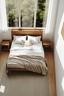 JPG 편집이미지 라이프스타일 창문 베개 실내 사람없음 인테리어 침실 이불 침대 커튼 포근함 디지털합성 협탁 편집실사 AI포토 AI콘텐츠 디자인 가구 침구 내부 생활 감각 CG 파일형식