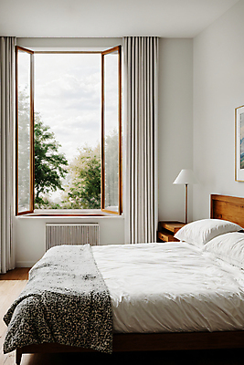 JPG 편집이미지 라이프스타일 창문 베개 나뭇잎 실내 사람없음 인테리어 침실 이불 침대 스탠드 오픈 포근함 디지털합성 편집실사 AI포토 AI콘텐츠 디자인 가구 잎 침구 조명 내부 생활 감각 CG 파일형식