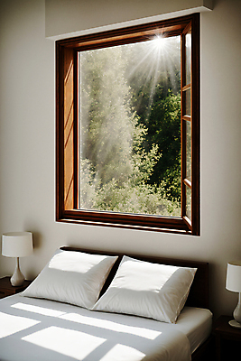 JPG 나무 편집이미지 라이프스타일 창문 베개 실내 사람없음 인테리어 햇빛 침실 이불 흰색 침대 스탠드 오픈 포근함 디지털합성 편집실사 AI포토 AI콘텐츠 식물 디자인 컬러 가구 침구 조명 내부 생활 태양 감각 CG 파일형식