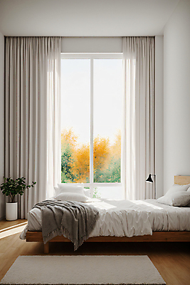 JPG 편집이미지 라이프스타일 화분 베개 실내 사람없음 인테리어 햇빛 침실 이불 매트 흰색 침대 커튼 포근함 디지털합성 편집실사 AI포토 AI콘텐츠 디자인 컬러 가구 침구 내부 생활 태양 감각 CG 파일형식