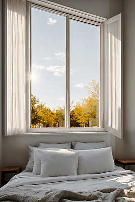 JPG 편집이미지 라이프스타일 창문 베개 실내 사람없음 인테리어 햇빛 침실 이불 흰색 침대 커튼 오픈 포근함 디지털합성 편집실사 AI포토 AI콘텐츠 디자인 컬러 가구 침구 내부 생활 태양 감각 CG 파일형식