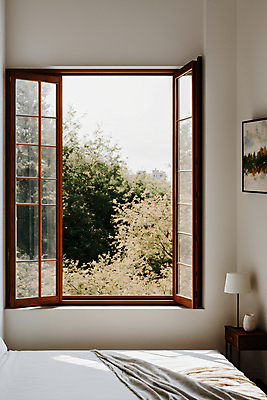 JPG 편집이미지 라이프스타일 액자 창문 베개 나뭇잎 실내 사람없음 인테리어 침실 이불 침대 스탠드 오픈 포근함 디지털합성 편집실사 AI포토 AI콘텐츠 디자인 가구 잎 침구 조명 내부 생활 감각 CG 파일형식