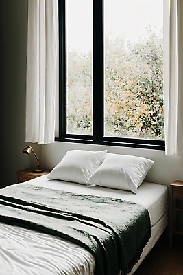 JPG 편집이미지 라이프스타일 창문 베개 나뭇잎 실내 사람없음 인테리어 침실 이불 침대 커튼 포근함 디지털합성 편집실사 AI포토 AI콘텐츠 디자인 가구 잎 침구 내부 생활 감각 CG 파일형식