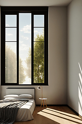 JPG 편집이미지 라이프스타일 창문 베개 실내 사람없음 인테리어 햇빛 침실 이불 침대 스탠드 포근함 디지털합성 편집실사 AI포토 AI콘텐츠 디자인 가구 침구 조명 내부 생활 태양 감각 CG 파일형식