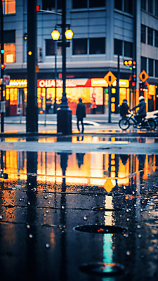 JPG 편집이미지 가로등 거리 풍경 성인 야외 건물 아웃포커스 세명 빛 반사 상점 젖음 오토바이 비 웅덩이 흐림 성인만 편집실사 AI포토 AI콘텐츠 자연요소 건축물 공공시설 날씨 촬영기법 사람 바이크 CG 파일형식