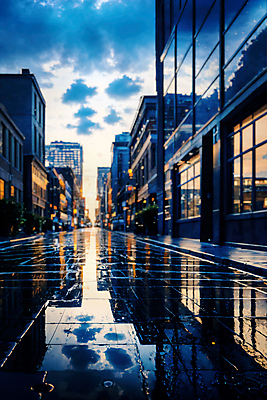 JPG 편집이미지 하늘 거리 풍경 사람없음 야외 빛 반사 상점 젖음 비 웅덩이 흐림 편집실사 AI포토 AI콘텐츠 자연요소 날씨 CG 파일형식