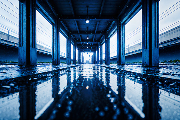 JPG 편집이미지 조명 거리 풍경 사람없음 야외 파란색 반사 젖음 비 웅덩이 흐림 편집실사 AI포토 AI콘텐츠 자연요소 컬러 날씨 CG 파일형식